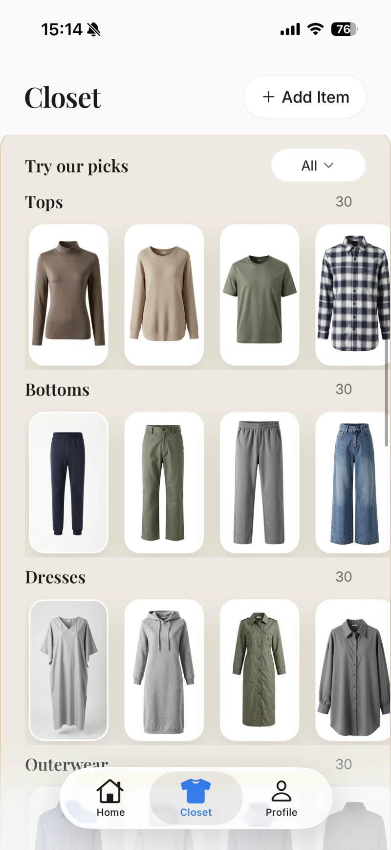 TryBit Closet screen showing organized tops, bottoms, and dresses