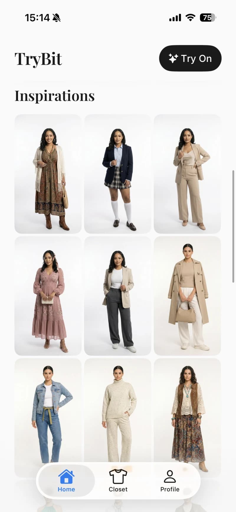 TryBit home screen showing the Inspirations grid of outfit looks