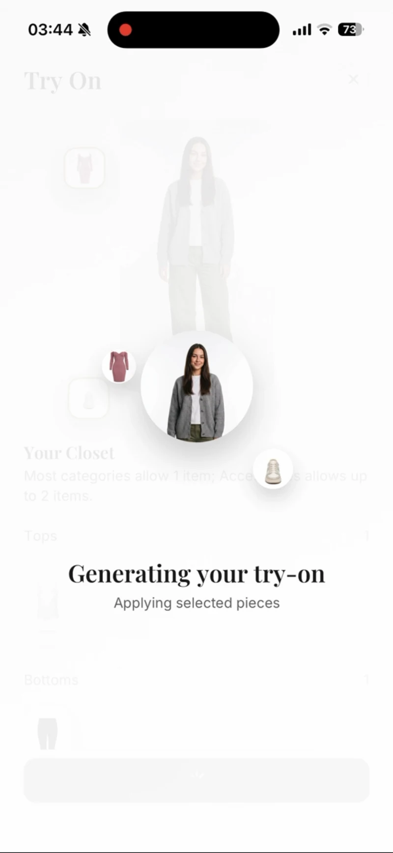 TryBit Try-On screen generating an AI try-on for a selected outfit