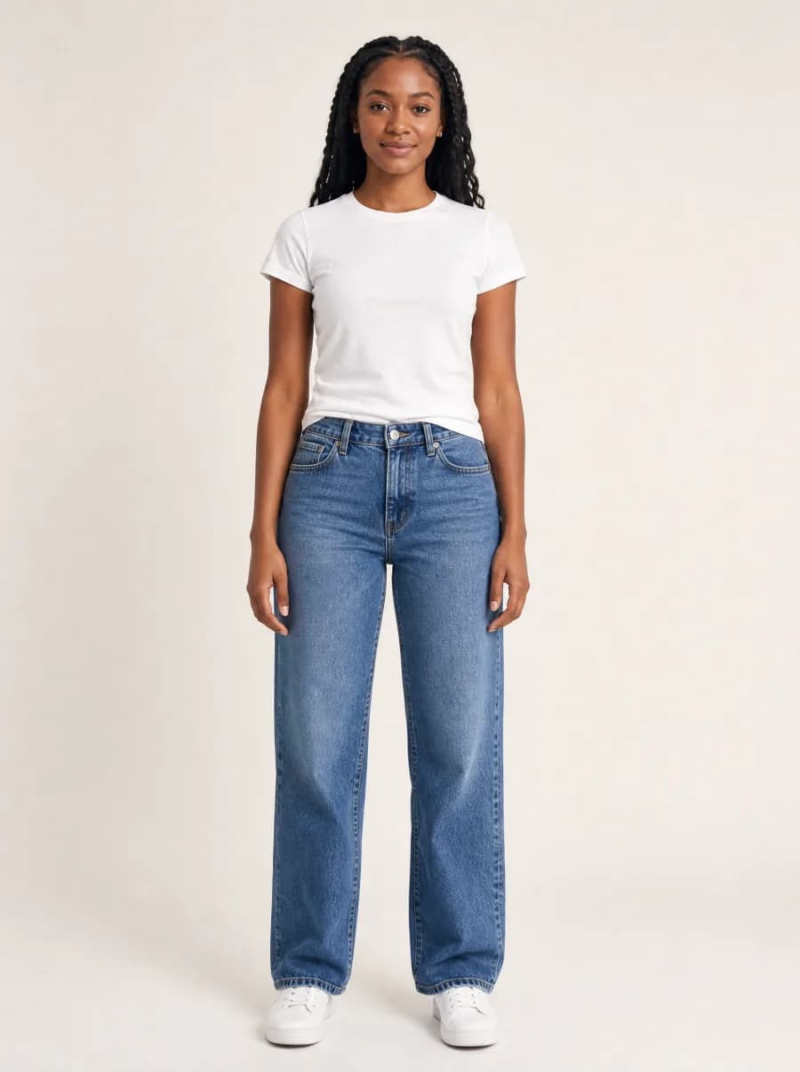 AI try-on before: woman in a plain white tee and relaxed blue jeans, neutral studio backdrop