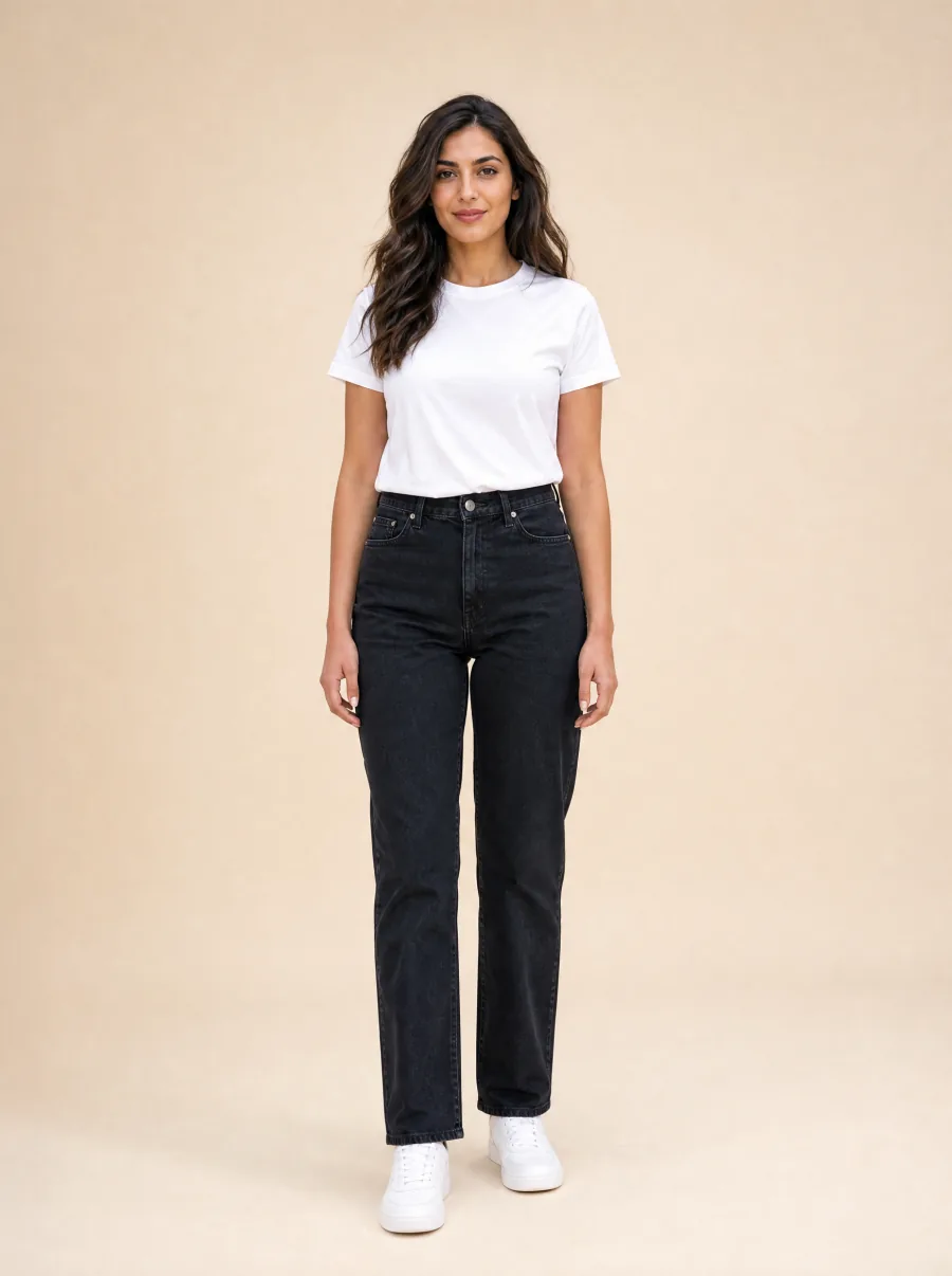 AI try-on before: woman in a casual white tee and dark high-waisted jeans