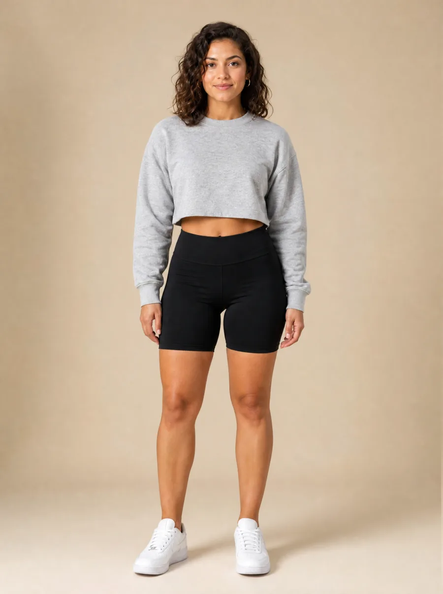 AI try-on before: woman in a grey cropped sweatshirt and black bike shorts