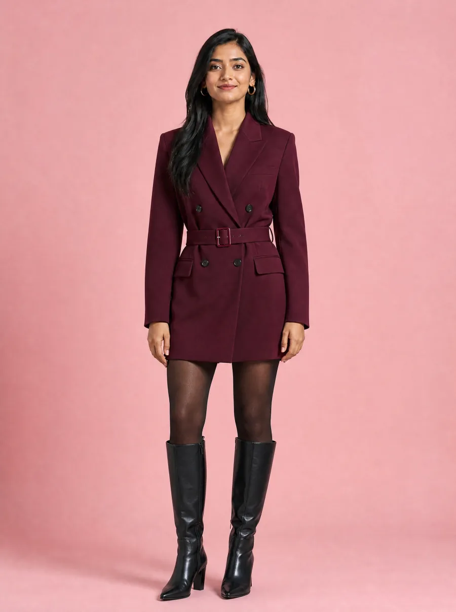AI try-on after: same woman virtually styled by TryBit in a burgundy belted blazer dress with sheer tights and tall black boots