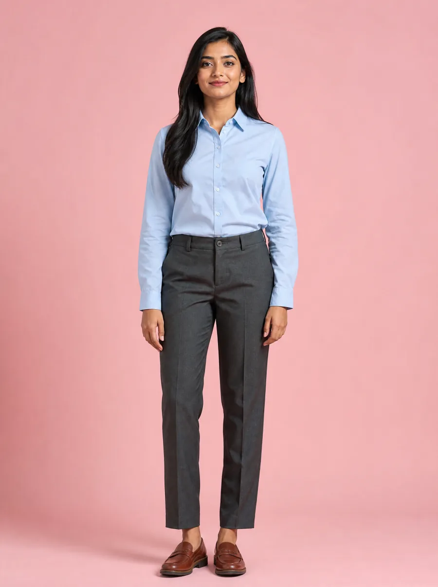 AI try-on before: woman in a light-blue button-down shirt and grey tailored trousers