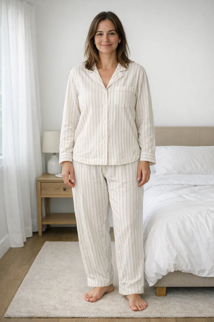 AI try-on before: woman in cream striped pajamas standing beside her bed